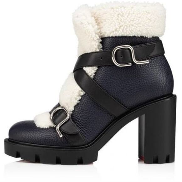 Christian Louboutin Black Cream Pole Chic 70mm Shearling Heeled Ankle Boot - Picture 1 of 12